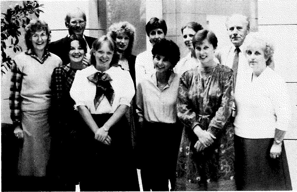 Front row: Gail Chrisfield, Cathy Beer, Susan Faine, Louise Bland, Sadie Keegan. Second row: Sharry McKenzie, Ross Haggert, Robyn Phillips, Susan Cartwright, Angela Bogdan, Leon Stryker. Absent: Sam Pattee, Wilf Lavoie, Karen Bingham, Nigel Wheeler.