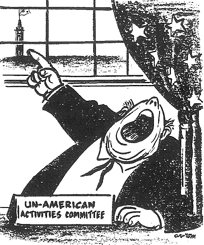 Cartoon of a man bellowing over a desk marked Un-American Activities Committee, one finger raised, a draped flag behind him.