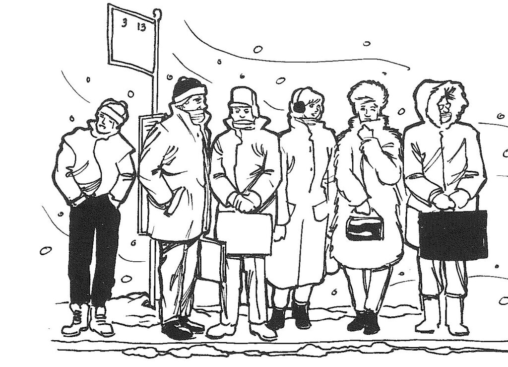 A line drawing of bundled-up commuters queuing in the snow beneath a bus-stop sign.