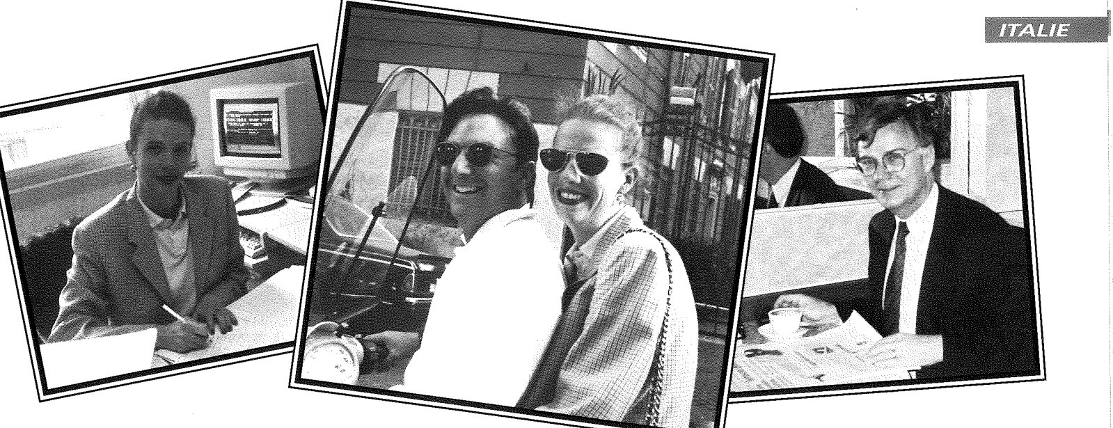 Three overlapping snapshots: a man at a computer, two people laughing outdoors, and a man at a desk.