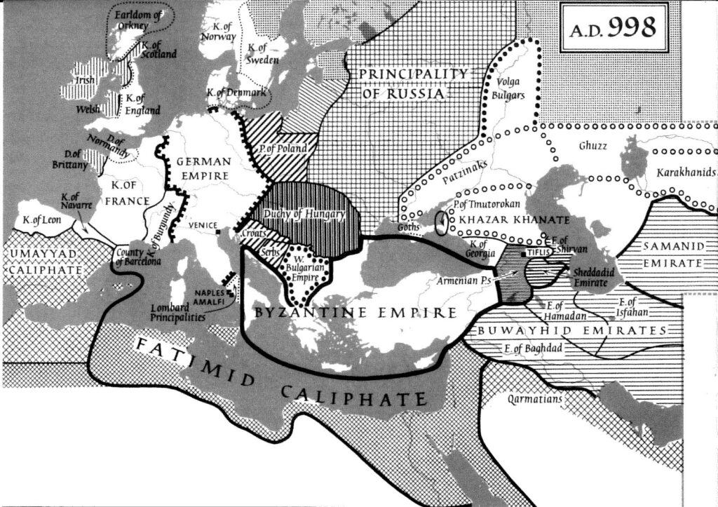 A map of Europe, North Africa and western Asia in A.D. 998, naming the Byzantine and German empires and the caliphates