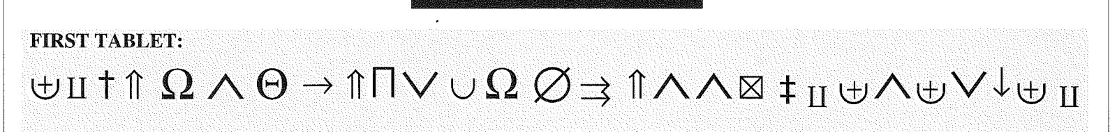 A row of invented rune-like symbols printed in a box headed First Tablet