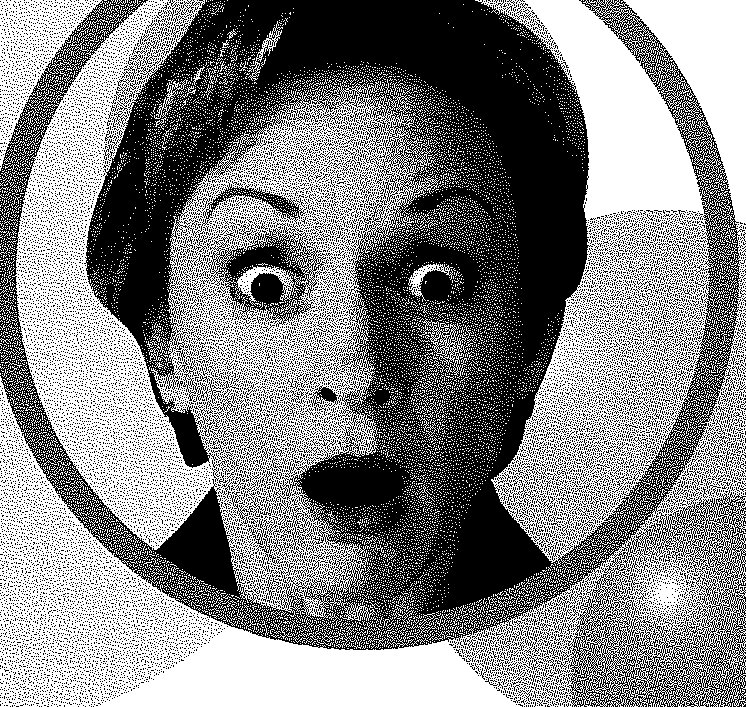 A woman with wide eyes and an open mouth staring straight at the camera, framed in a circle.
