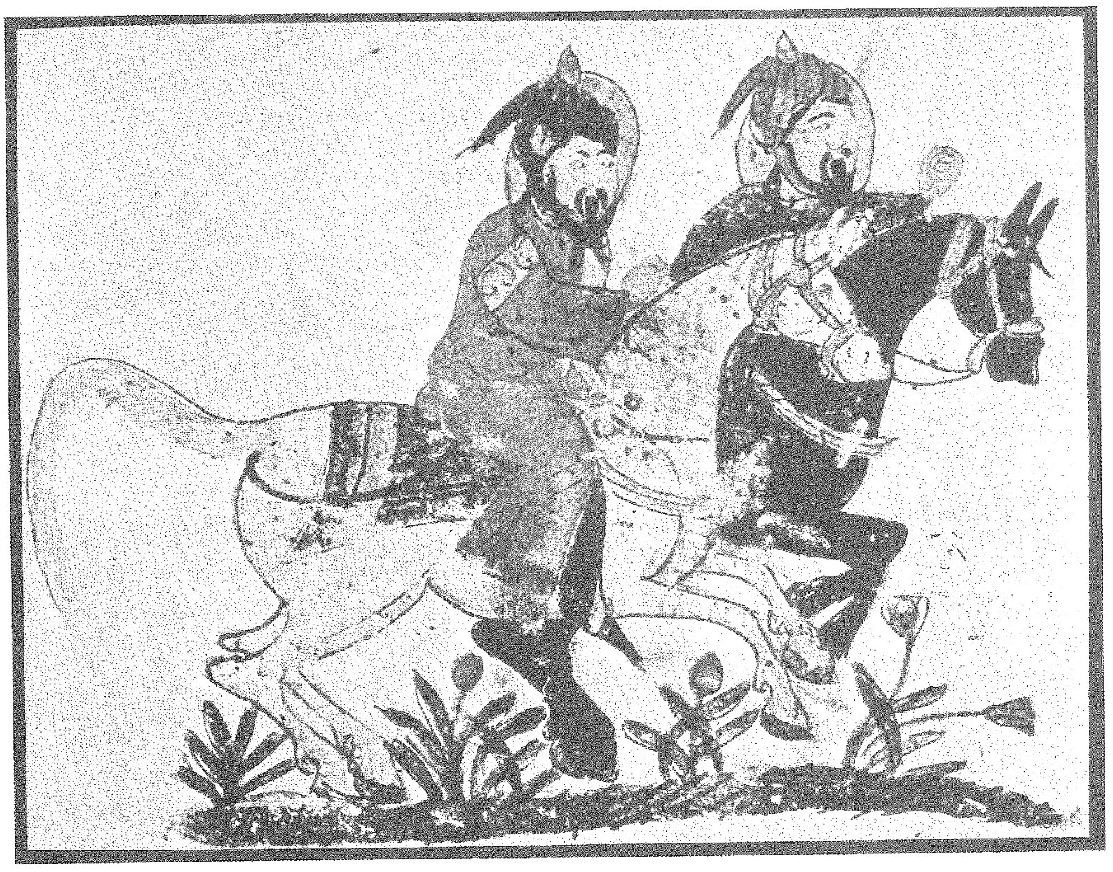 A Persian miniature of two armed horsemen riding over flowering ground