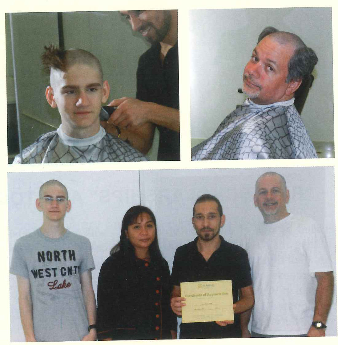 A teenager and a man having their heads clipped in barbers’ capes, and the pair afterwards with two others holding a certificate.
