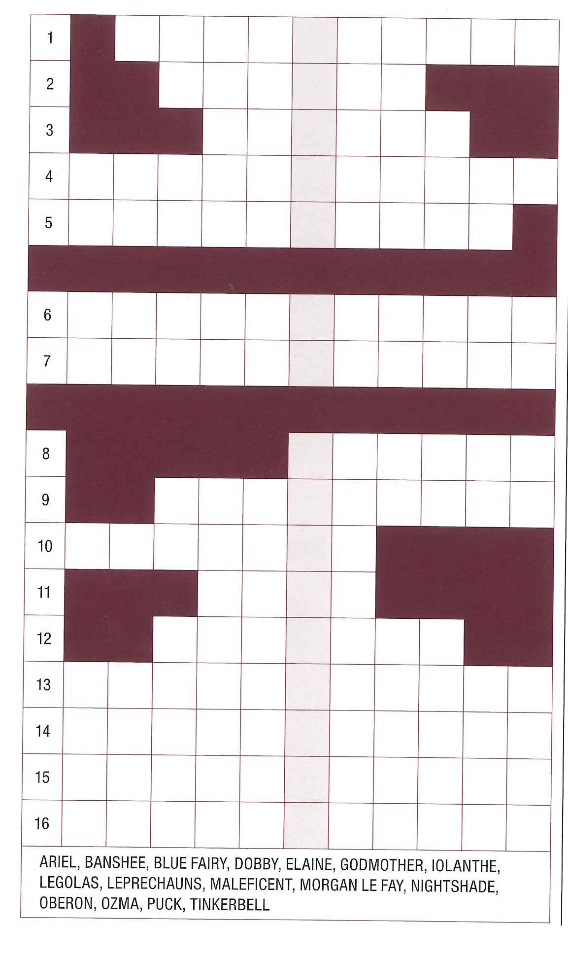 The puzzle grid, numbered 1 to 16, with the word list printed beneath it