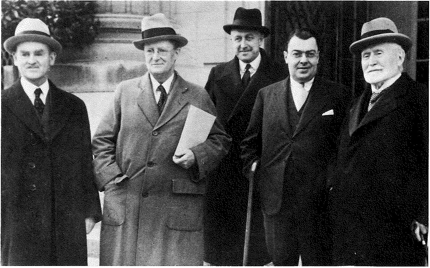 Canadian Delegation to the 17th Assembly of the League of Nations, Geneva, Switzerland, 1936. Left to right: W.A. Riddell; O.D. Skelton; Georges Vanier; Paul Martin; Raoul Dandurand.