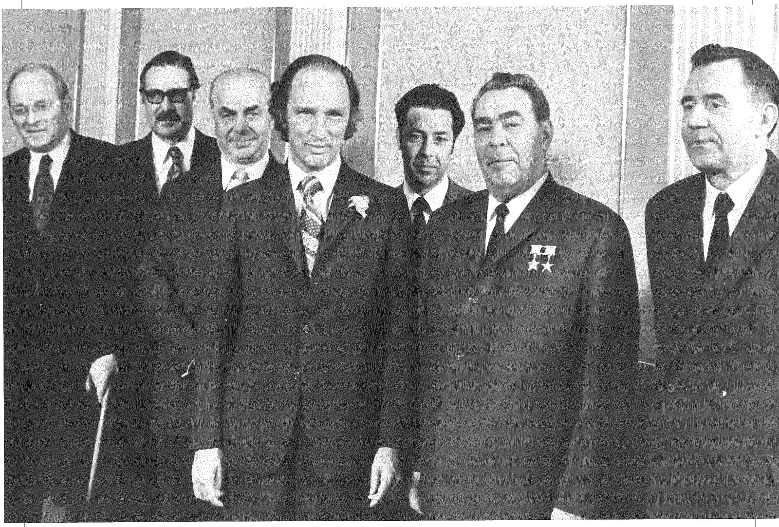 Visit of the Prime Minister of Canada, Pierre Elliott Trudeau to the Soviet Union: Meeting with Leonid Illich Brezhnev, General Secretary of the CPUS, May 19, 1971 left to right: Ed Ritchie, Under-Secretary of State for External Affairs; Ambassador Ford, Suslov, Director of 2nd European Division of the MID, PM Trudeau, Viktor Sukhodriev, Head of Canada Dept, MID, L.I. Brezhnev, PM Andrei Kossyguine copyright ITAR-TASS
