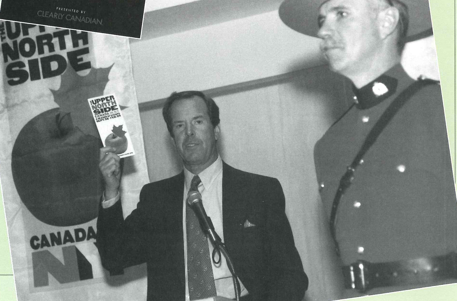 Two Great Canadian icons: Peter Jennings anchors the launch of the Upper North Side: Canada in New York Season in the presence of an RCMP officer.