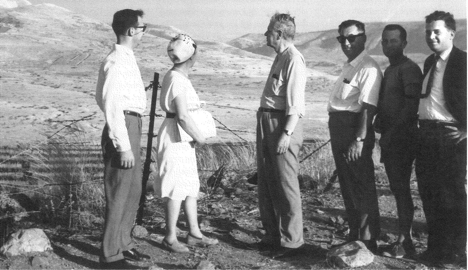 Kibbutz Tel Katzir with view towards Syria and Jordan — (left to right) Eric Bergbusch, Olive Diefenbaker, John Diefenbaker, Norman Genzer, Kibbutz Chairman and Nitzan Hadass