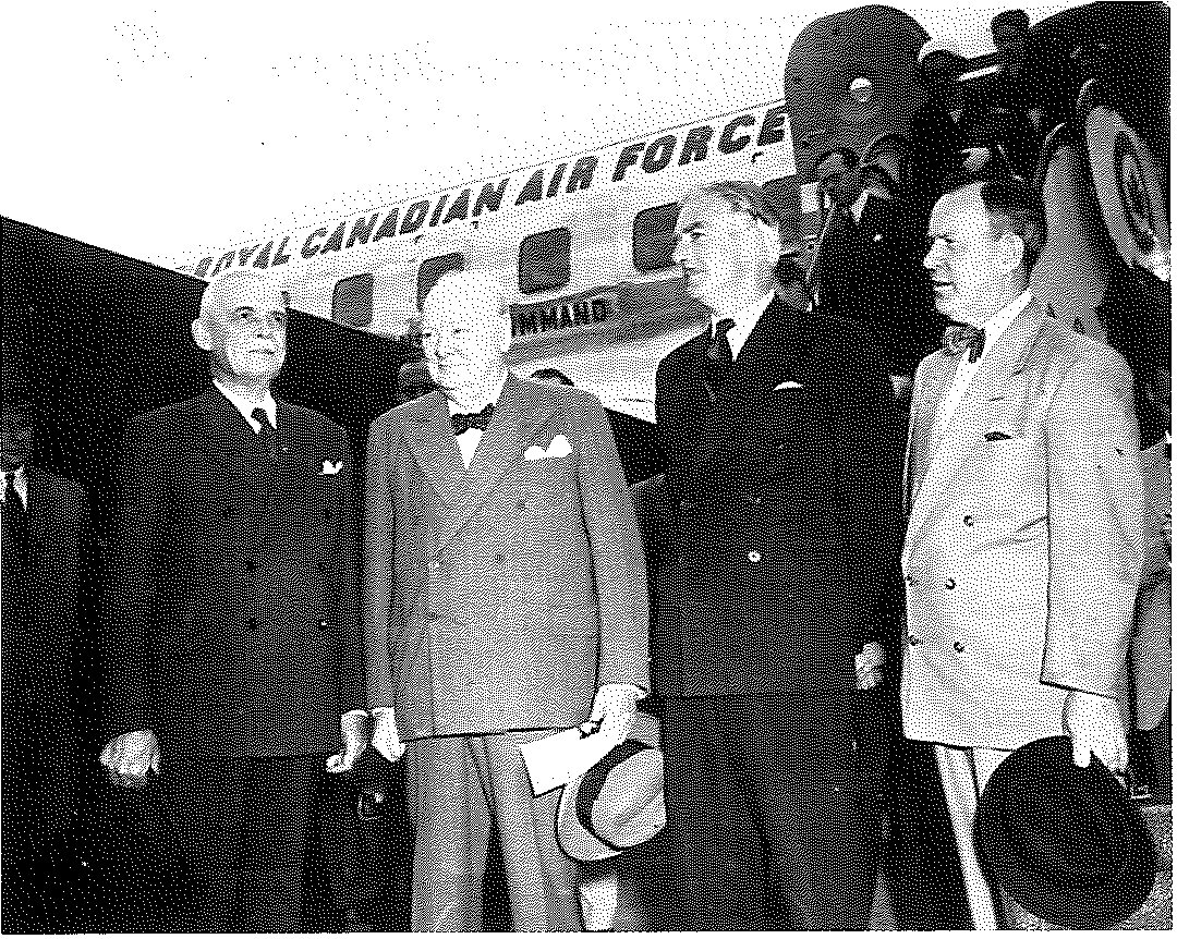 Churchill’s Visit. Prime Minister St. Laurent and Mr. L.B. Pearson pose with Prime Minister Winston Churchill and Mr. Anthony Eden on their arrival at Rockcliffe Airport, Ottawa, on June 29, 1954. Credit: National Film Board of Canada. Photothèque collection / Library and Archives Canada / C004047