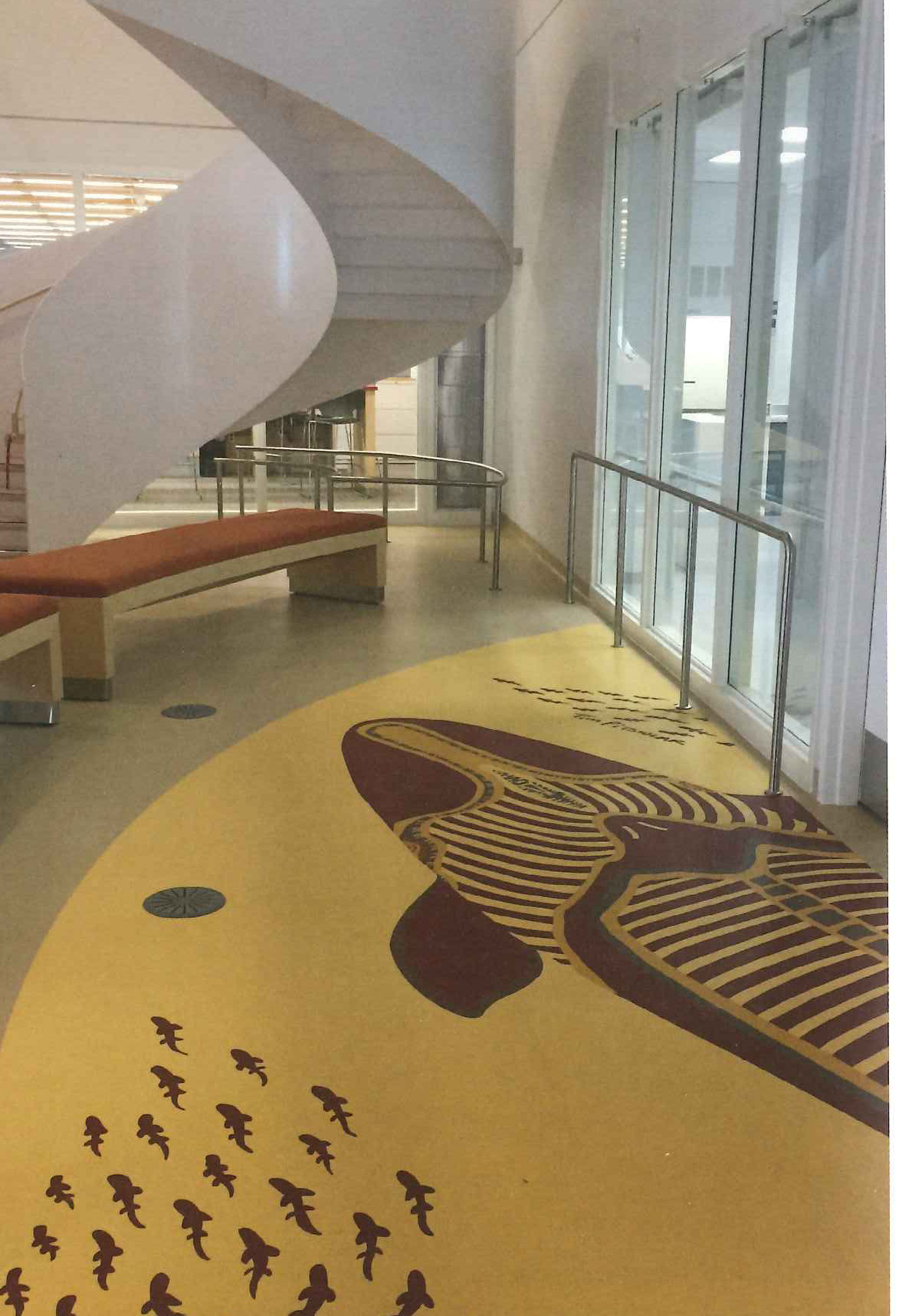 Whale and school of fish by Inuk artist Tim Pitsiulak, featured in the flooring in the hallway leading from the multi-use space to the private work areas. Photo: Jeannette Menzies