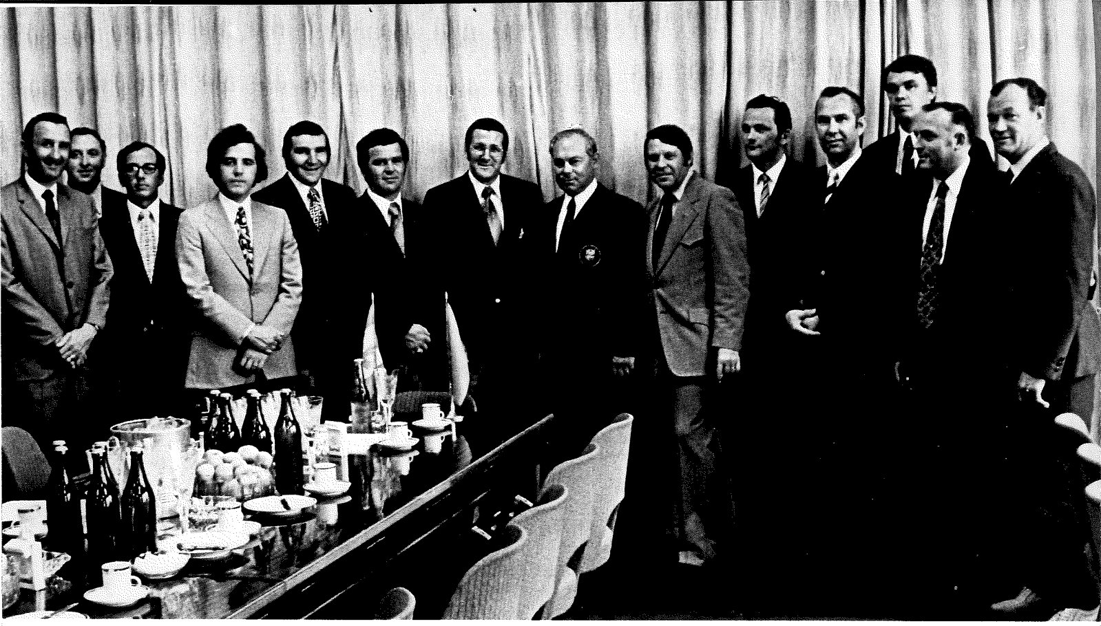 Negotiators pose after finalizing arrangements for the Summit Series in Moscow, July 1972. (The author appears fourth from left.) Photo credit: Victor Akhlomov, Izvestia
